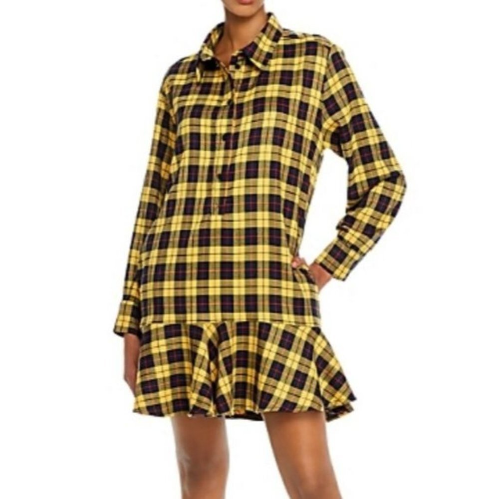 NWT Aqua Ruffle Plaid Mini Shirtdress Size XS